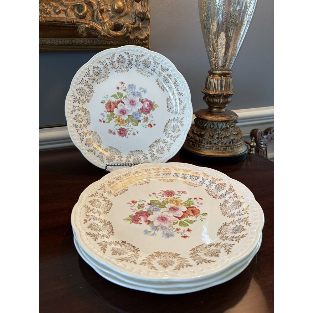 Stetson 22K Warranted Porcelain Dinner Plates 9 3/8" Set of 4 STT15 Vintage